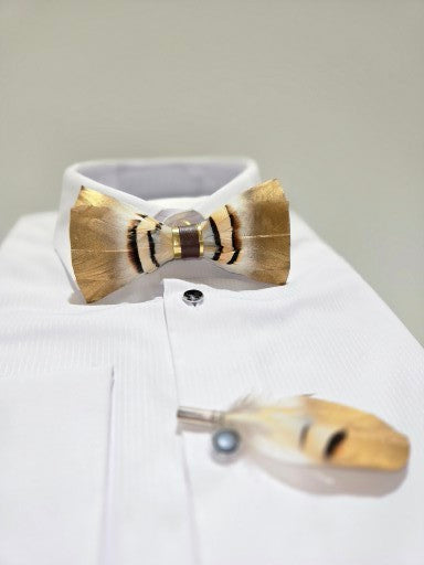 Men's Premium Brown and Gold color Feather Fashion Bow Tie Accessories Set