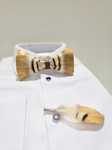 Men's Premium Brown and Gold color Feather Fashion Bow Tie Accessories Set