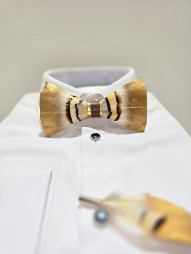 Men's Premium Brown and Gold color Feather Fashion Bow Tie Accessories Set