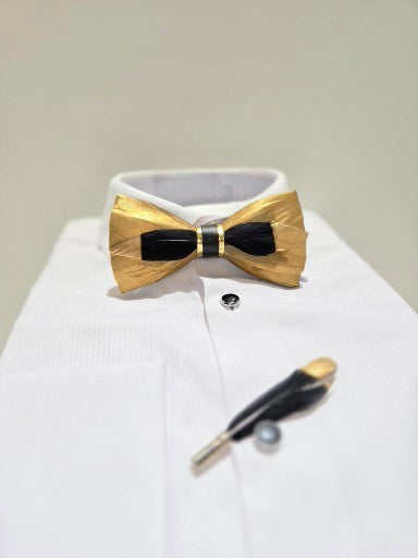 Men's Premium Black and Gold color Feather Fashion Bow Tie Accessories Set