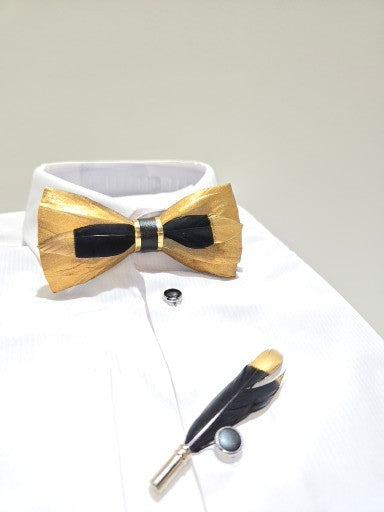 Men's Premium Black and Gold color Feather Fashion Bow Tie Accessories Set