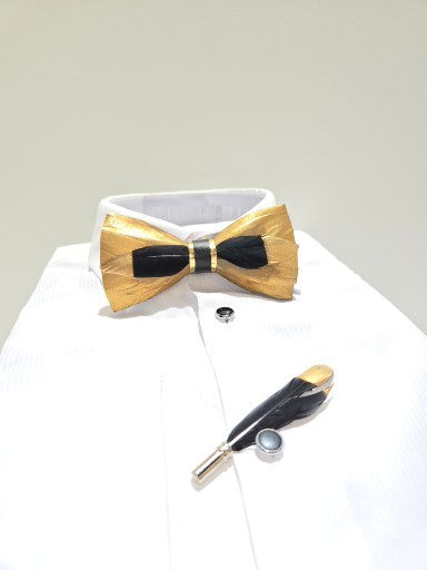 Men's Premium Black and Gold color Feather Fashion Bow Tie Accessories Set