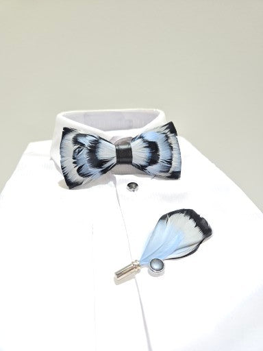 Men's Premium Black and Blue color Feather Fashion Bow Tie Accessories Set