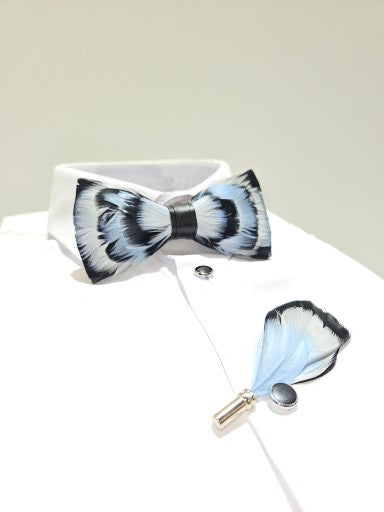 Men's Premium Black and Blue color Feather Fashion Bow Tie Accessories Set