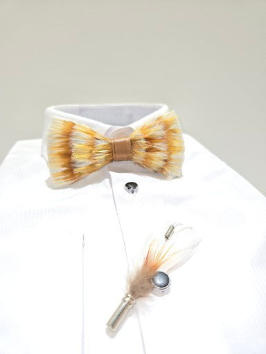 Men's Premium Gold color Feather Fashion Bow Tie Accessories Set