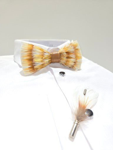 Men's Premium Gold color Feather Fashion Bow Tie Accessories Set