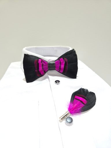 Men's Premium Pink and Black color Feather Fashion Bow Tie Accessories Set