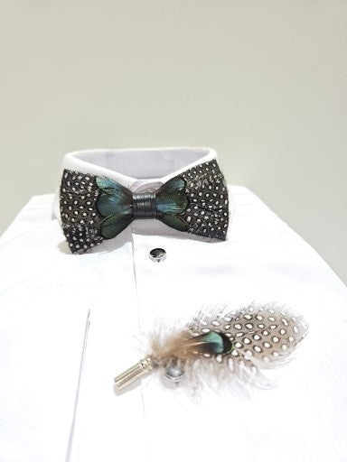 Men's Premium Olive and Grey color Feather Fashion Bow Tie Accessories Set