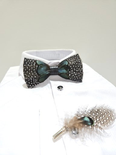 Men's Premium Olive and Grey color Feather Fashion Bow Tie Accessories Set