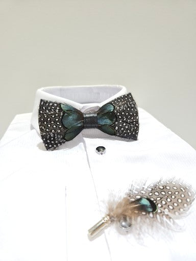 Men's Premium Olive and Grey color Feather Fashion Bow Tie Accessories Set