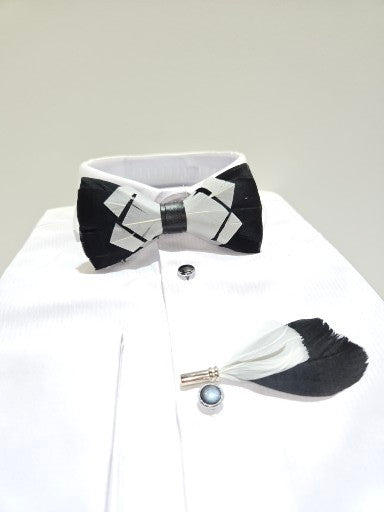Men's Premium Black and white color Feather Fashion Bow Tie Accessories Set