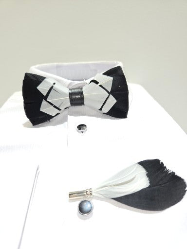 Men's Premium Black and white color Feather Fashion Bow Tie Accessories Set