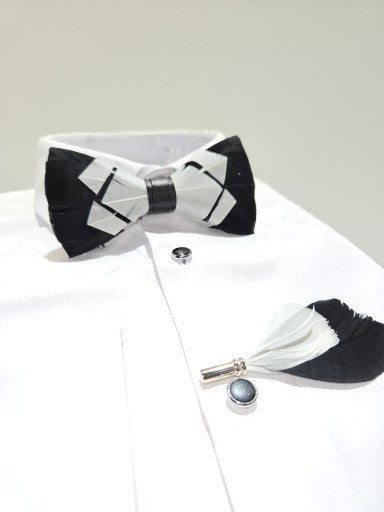 Men's Premium Black and white color Feather Fashion Bow Tie Accessories Set