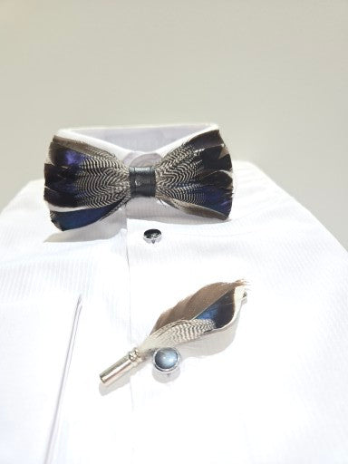 Men's Premium Blue and Grey color Feather Fashion Bow Tie Accessories Set
