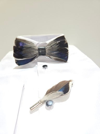 Men's Premium Blue and Grey color Feather Fashion Bow Tie Accessories Set