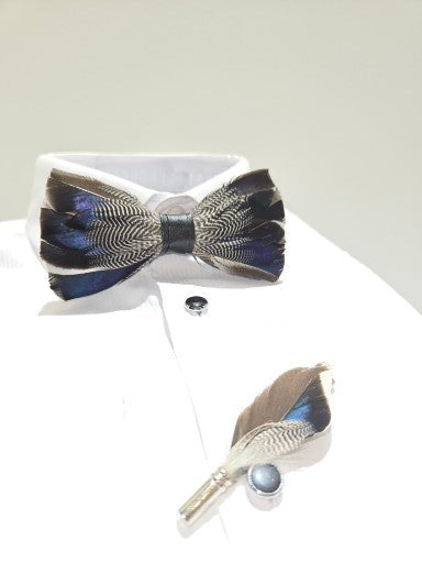 Men's Premium Blue and Grey color Feather Fashion Bow Tie Accessories Set