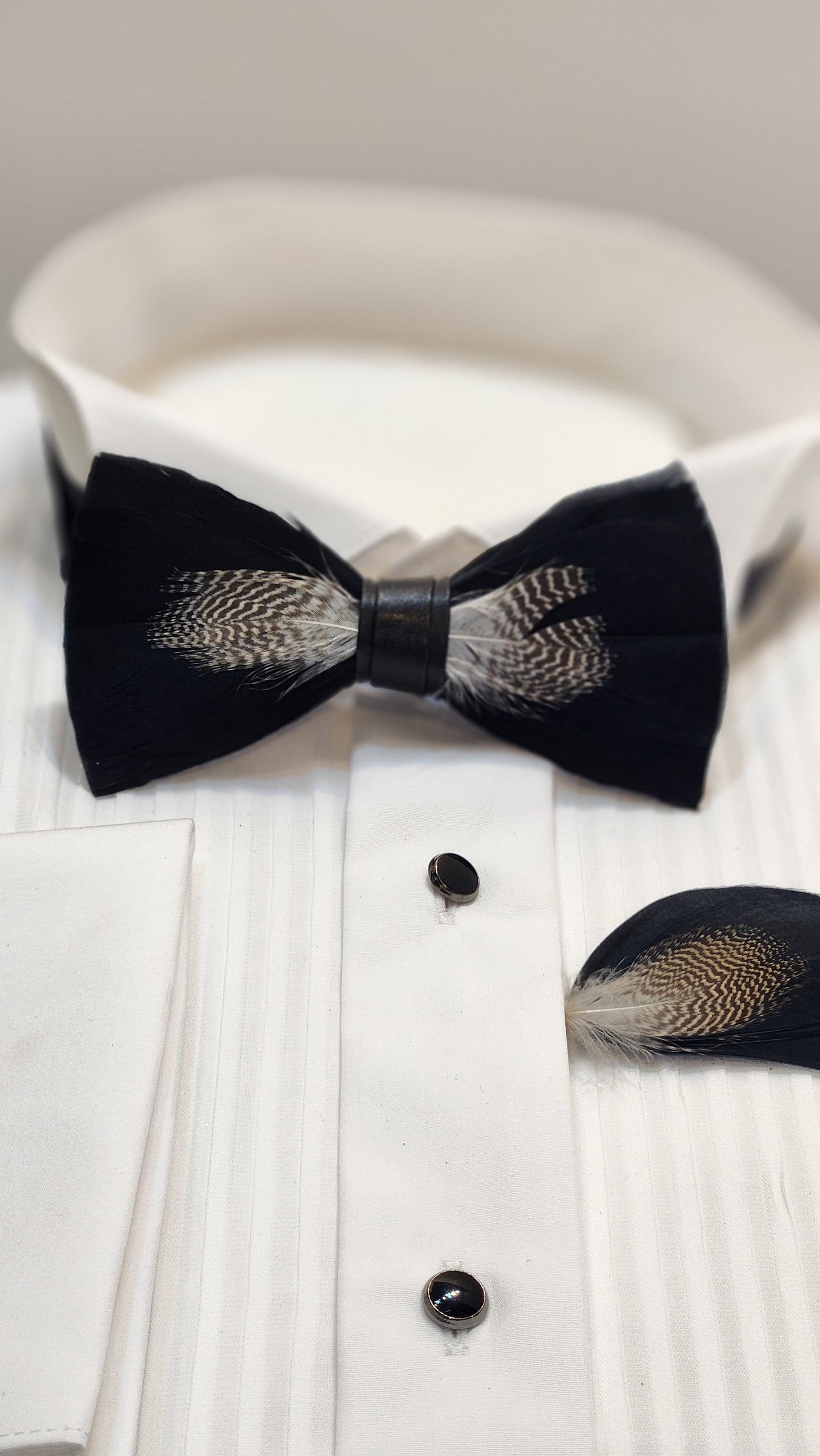 Men's Premium Black and white color Feather Fashion Bow Tie Accessories Set