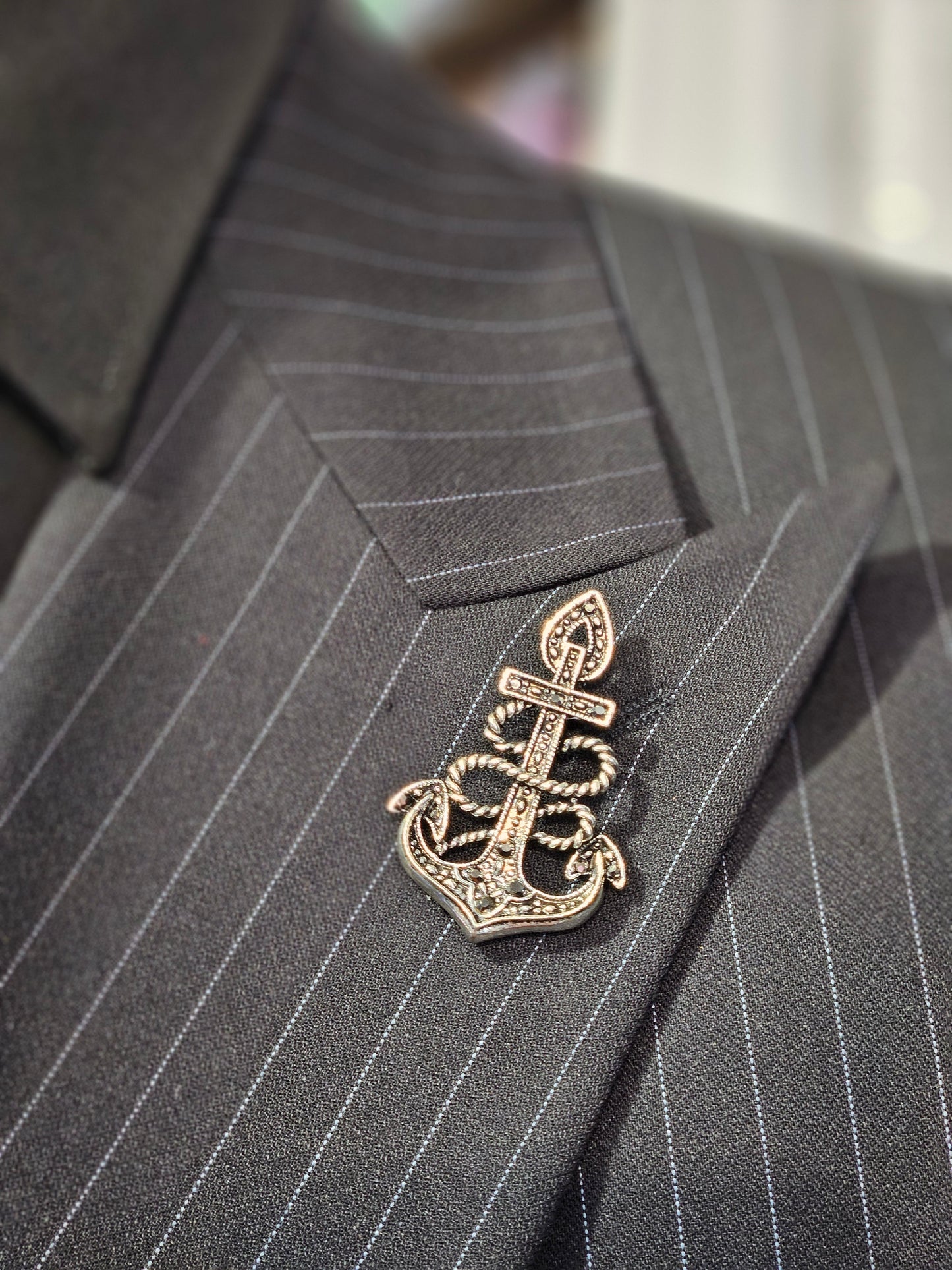 Men's Black and Silver Anchor Brooch Pin lapel