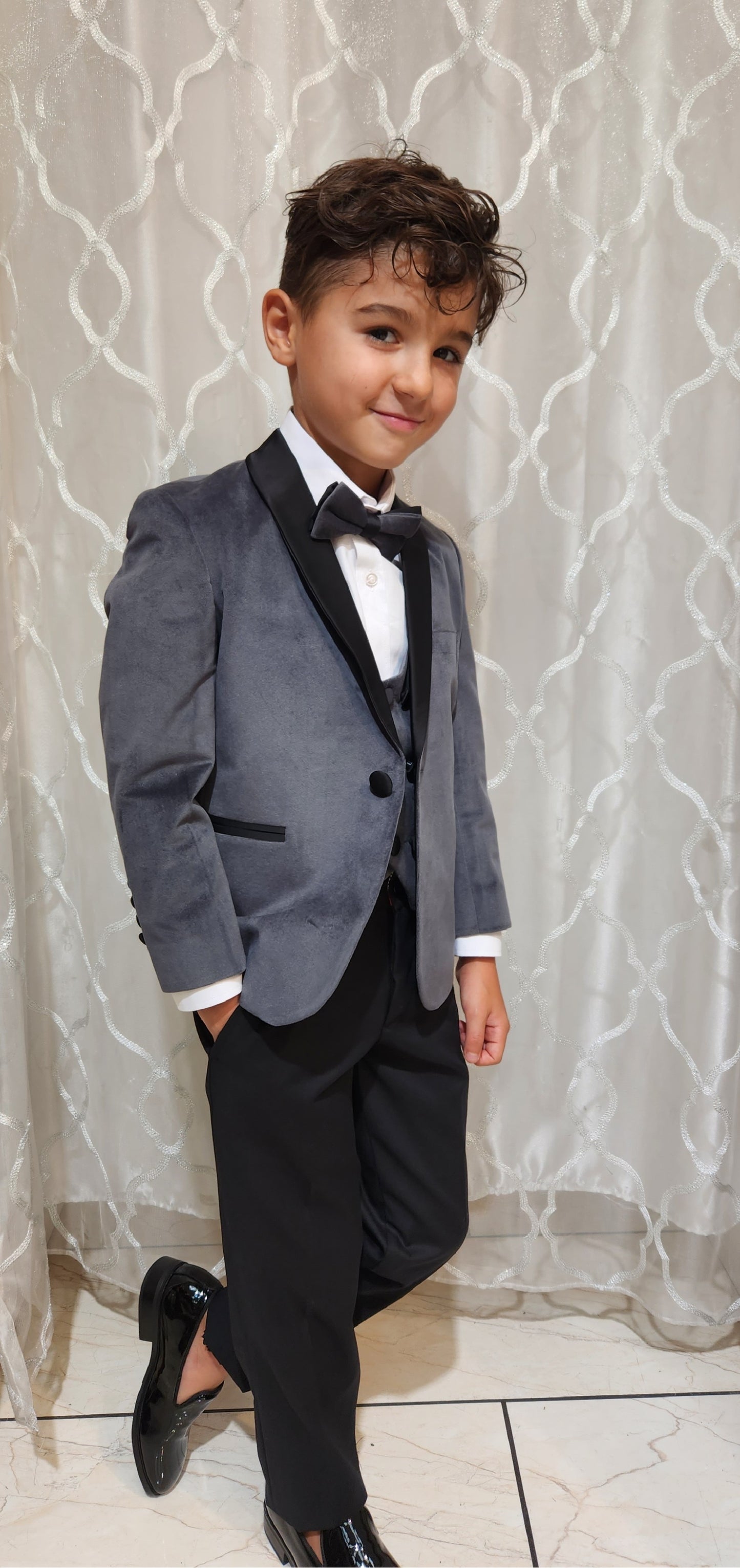 Boy's 5-Pieces Grey Velvet Tuxedo Set