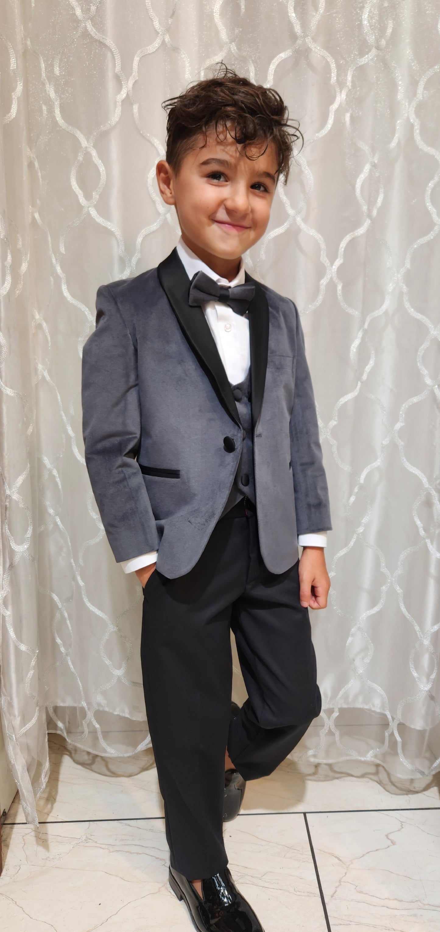 Boy's 5-Pieces Grey Velvet Tuxedo Set