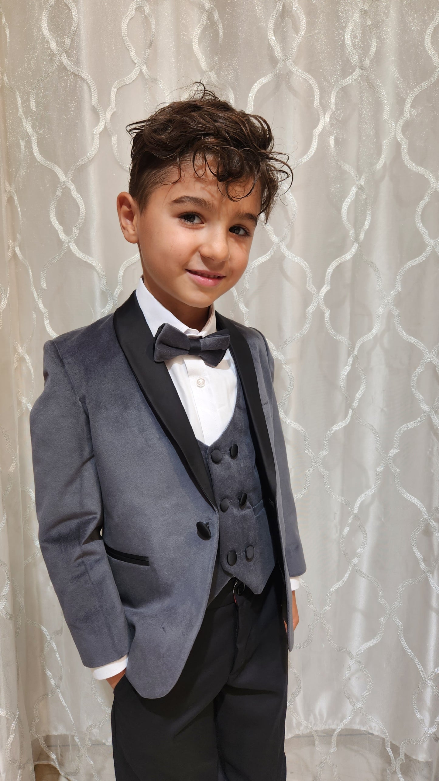 Boy's 5-Pieces Grey Velvet Tuxedo Set