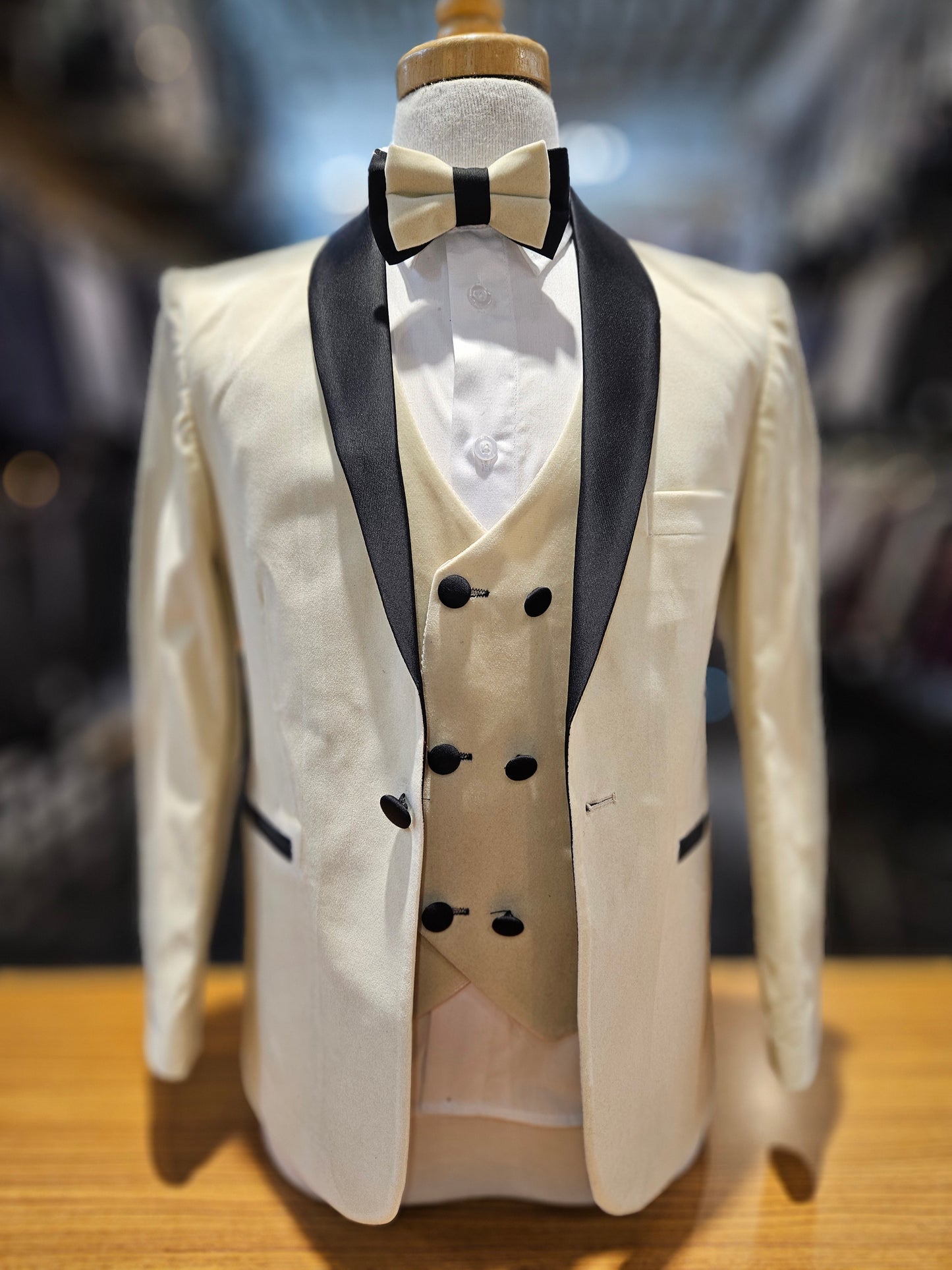 Boy's 5-Pieces Ivory Velvet Tuxedo Set