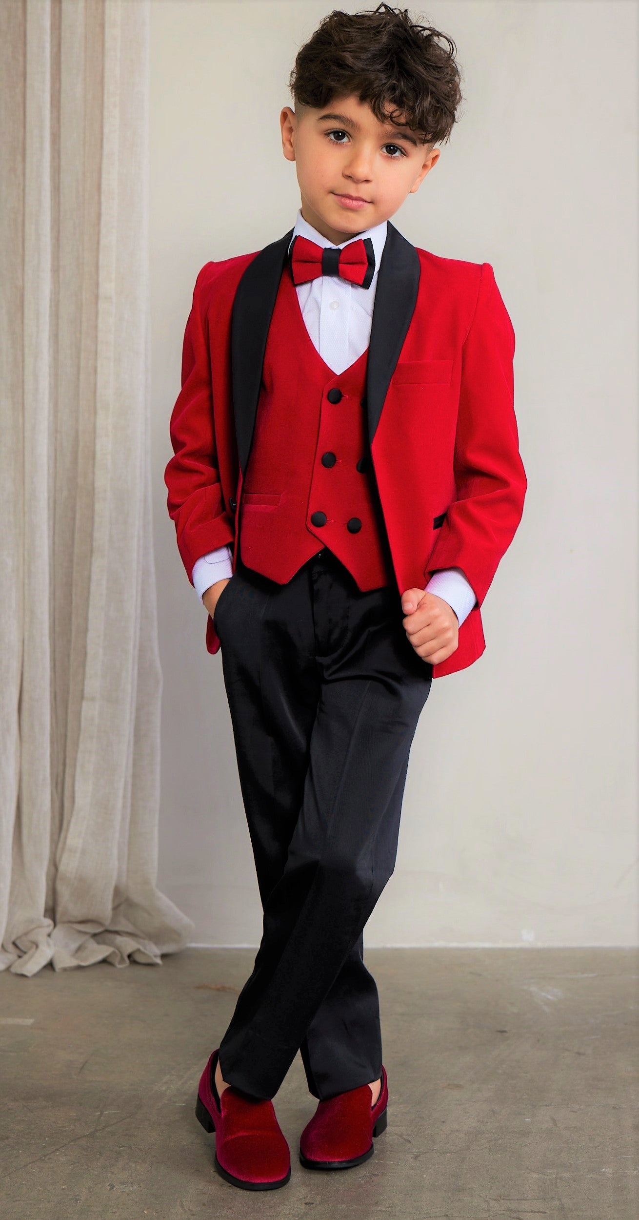 Boy's 5-Pieces Red Velvet Tuxedo Set