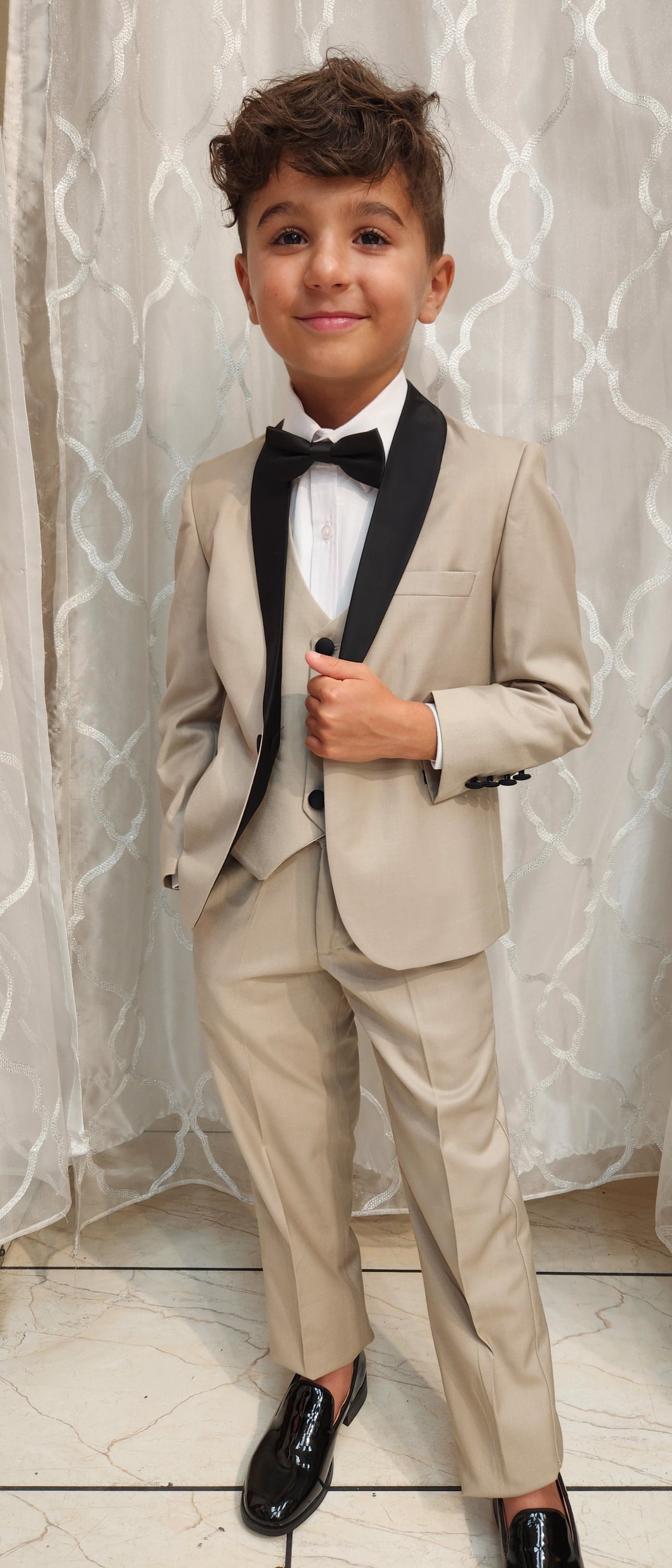 Boys 5-Pieces Tan shawl tuxedo Set