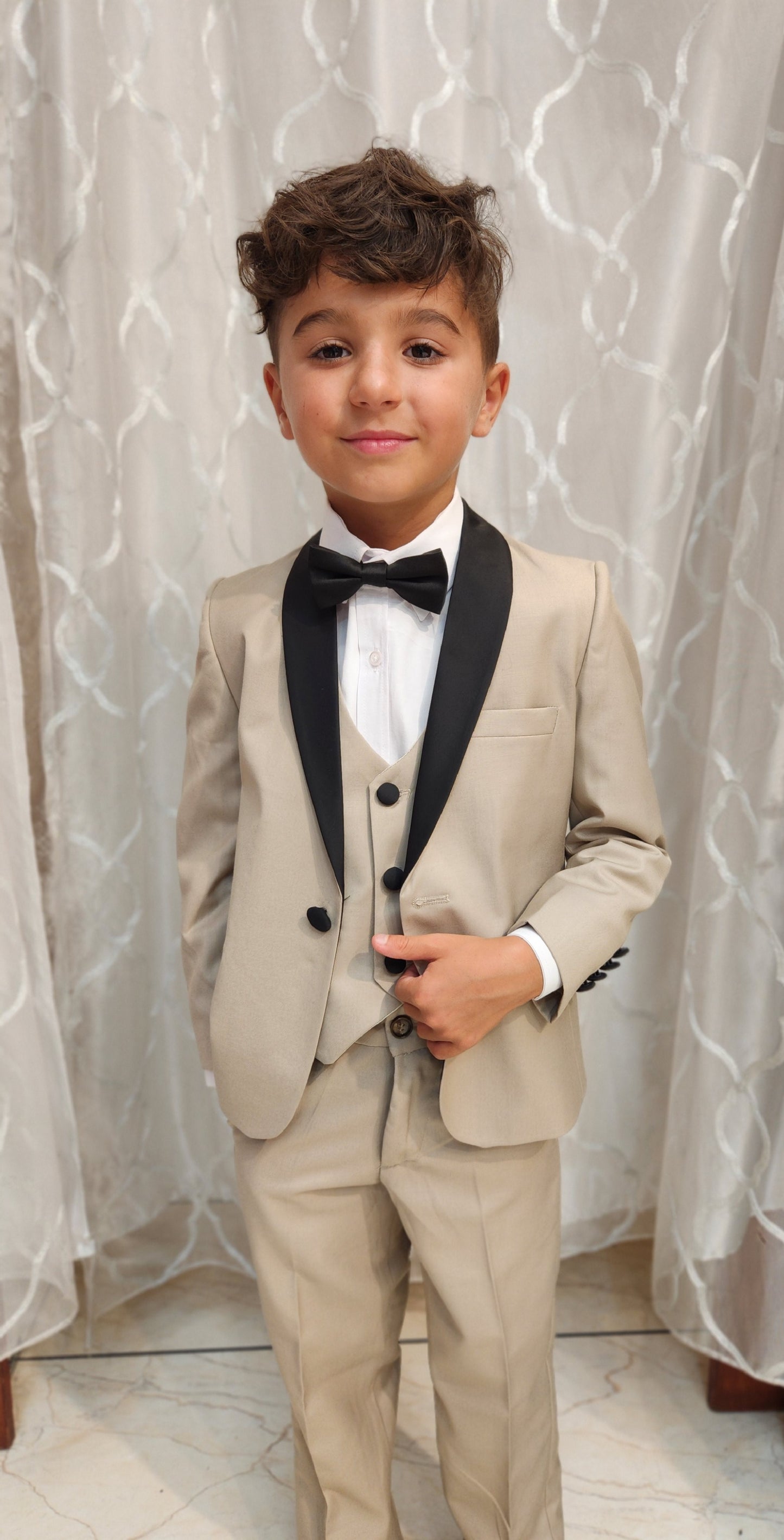 Boys 5-Pieces Tan shawl tuxedo Set