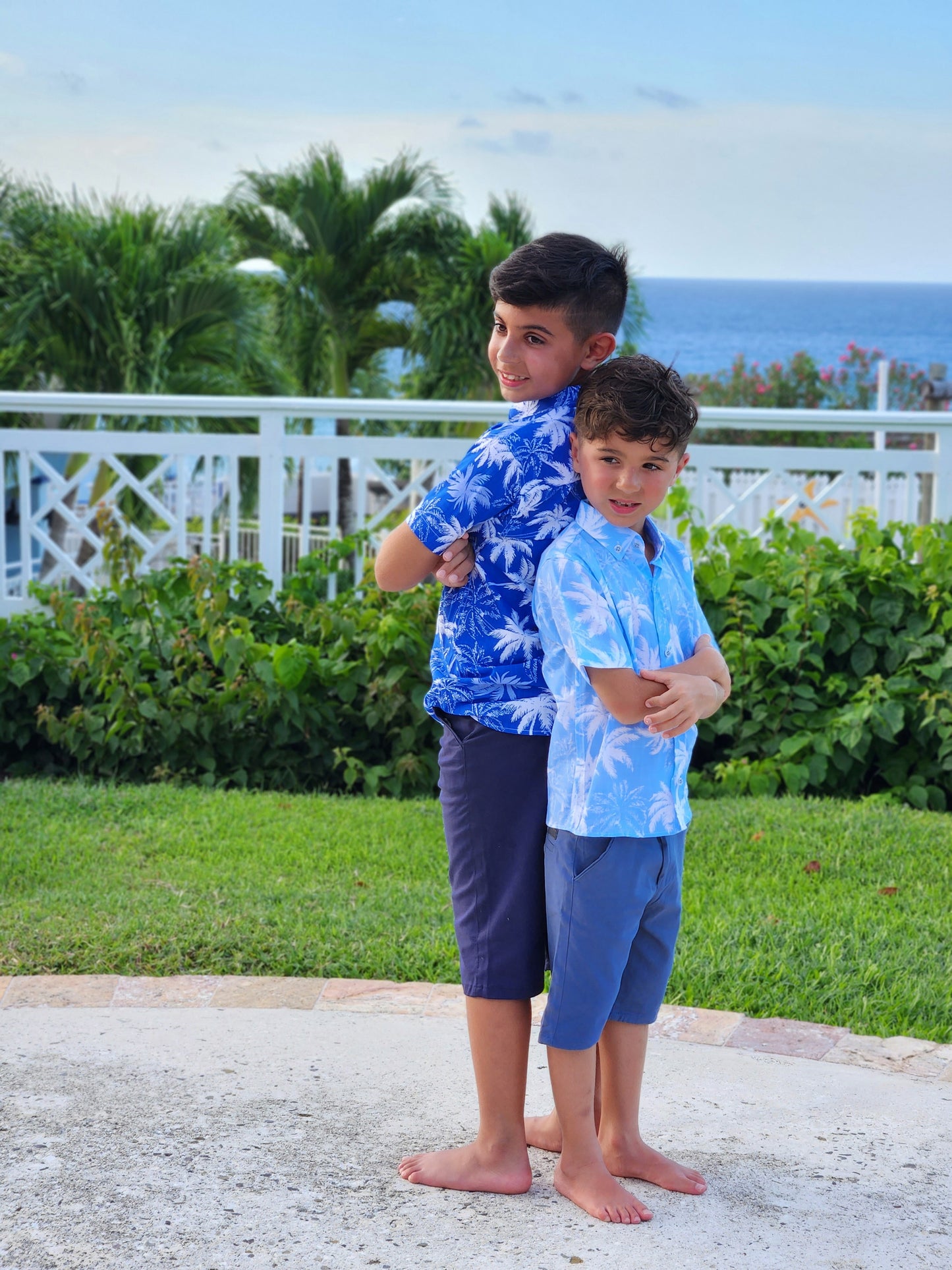 Boy’s Tropical Palm Tree Dress Shirt – Blue & White Island-Inspired Button-Up