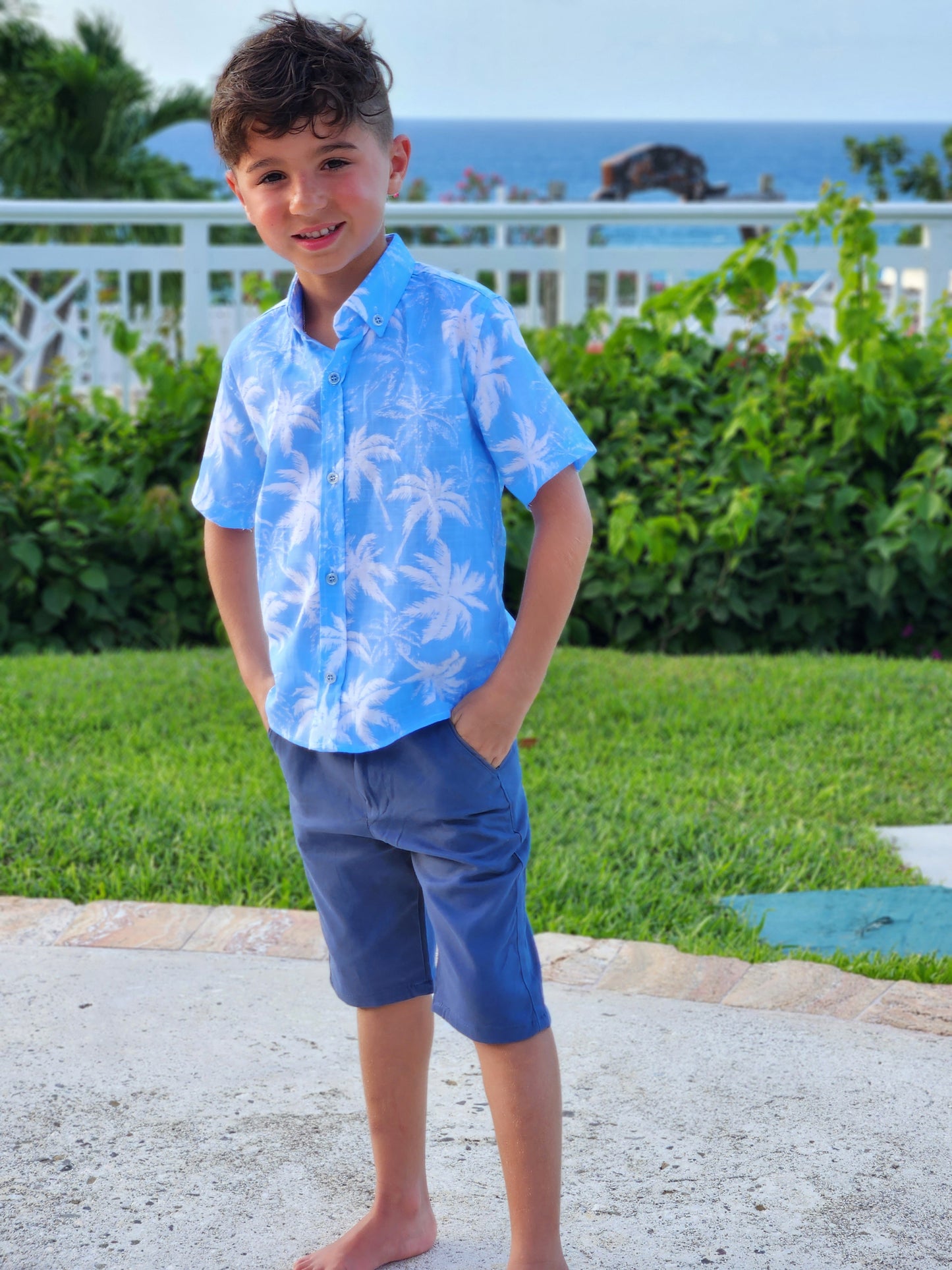 Boy’s Tropical Palm Tree Dress Shirt – Blue & White Island-Inspired Button-Up
