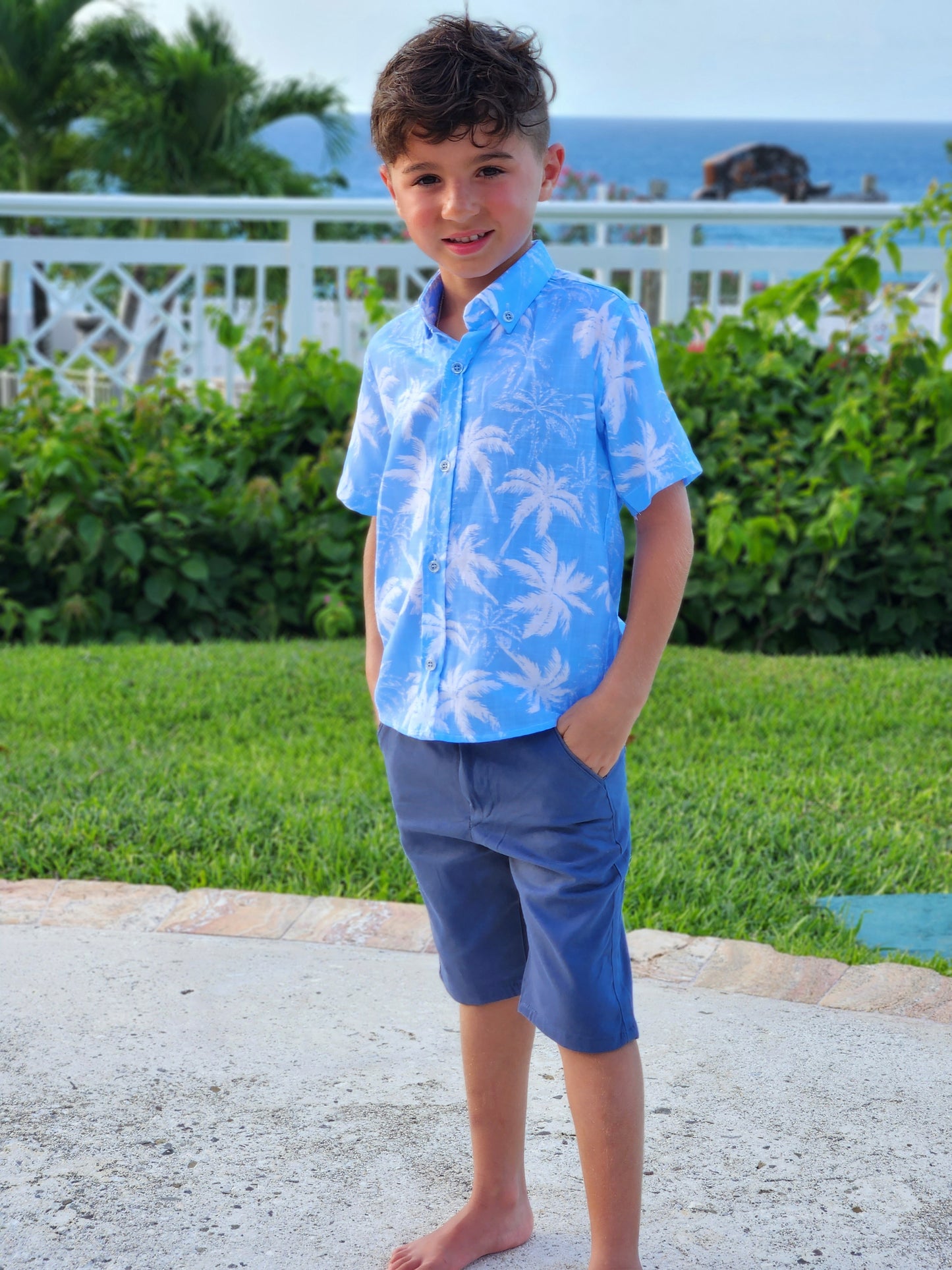 Boy’s Tropical Palm Tree Dress Shirt – Blue & White Island-Inspired Button-Up