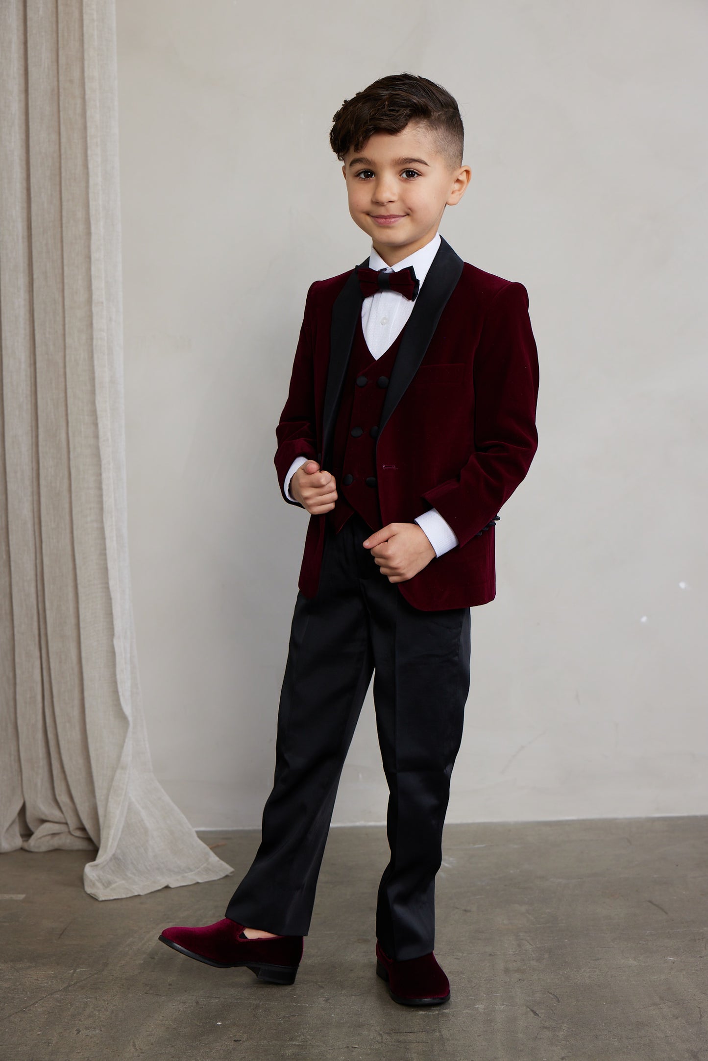 Boy's 5-Pieces Burgundy Velvet Tuxedo Set