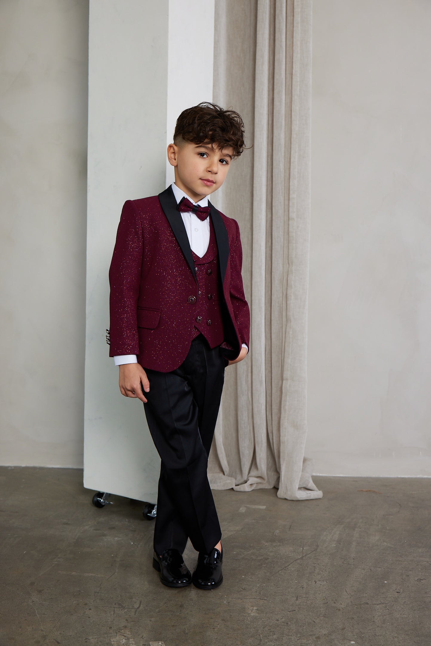 Boy's 5-Pieces Burgundy Glitter Bomb Tuxedo Set