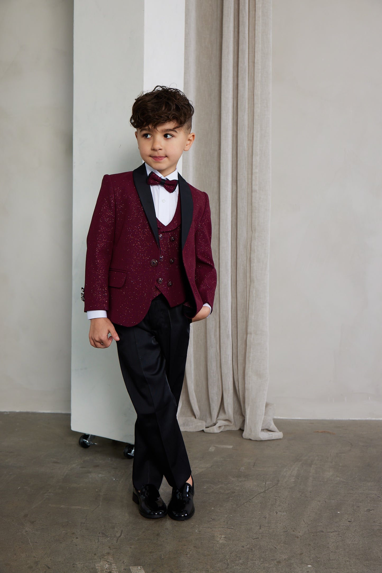 Boy's 5-Pieces Burgundy Glitter Bomb Tuxedo Set