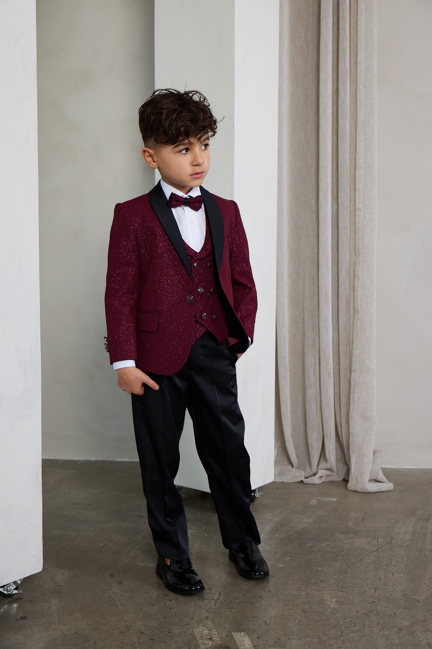 Boy's 5-Pieces Burgundy Glitter Bomb Tuxedo Set