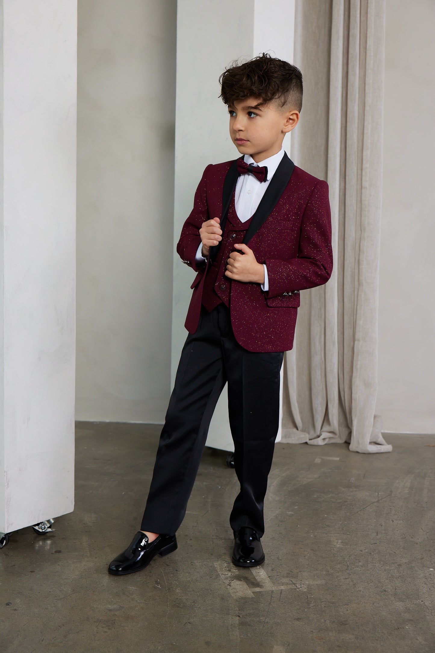 Boy's 5-Pieces Burgundy Glitter Bomb Tuxedo Set