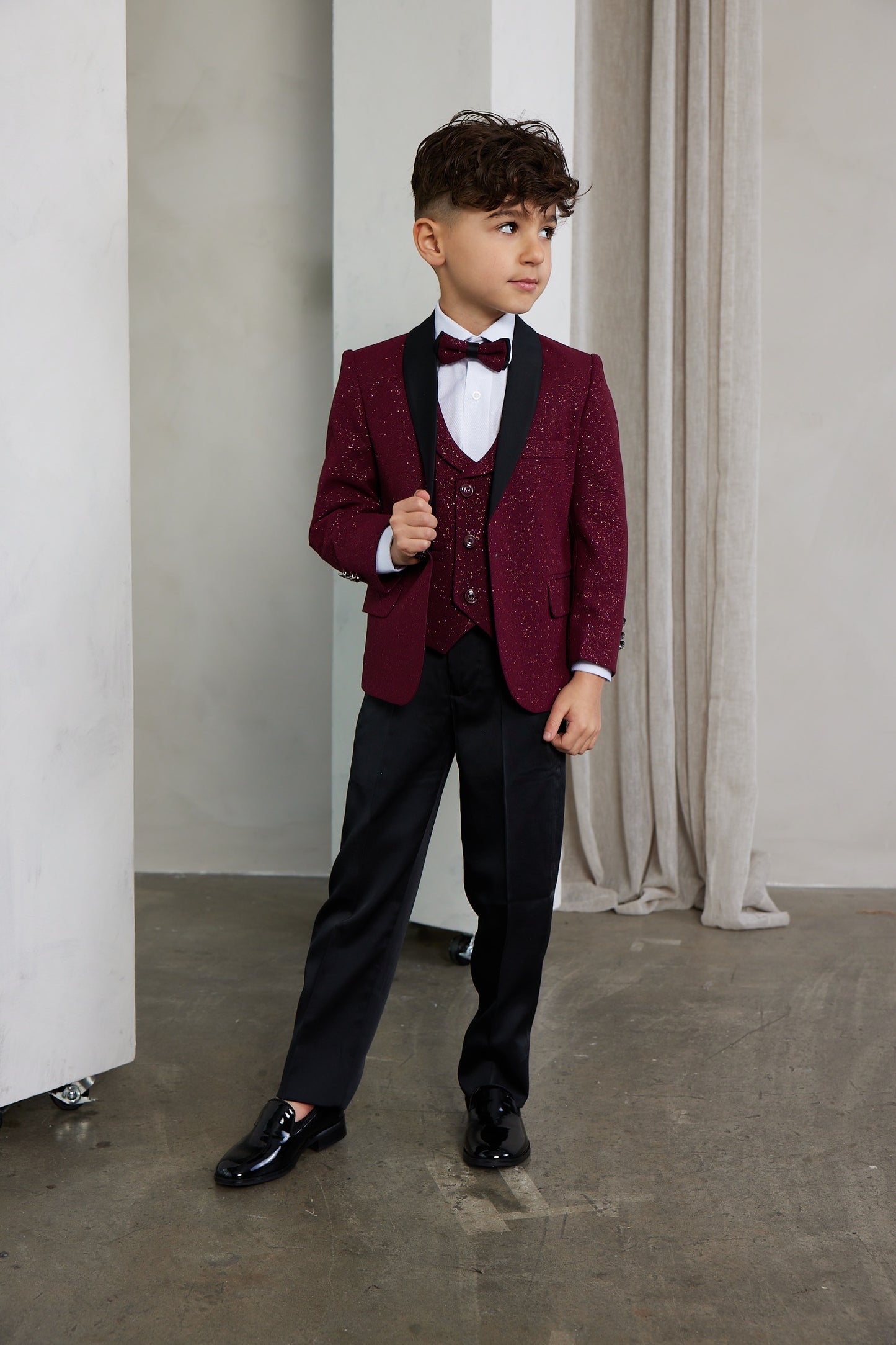 Boy's 5-Pieces Burgundy Glitter Bomb Tuxedo Set