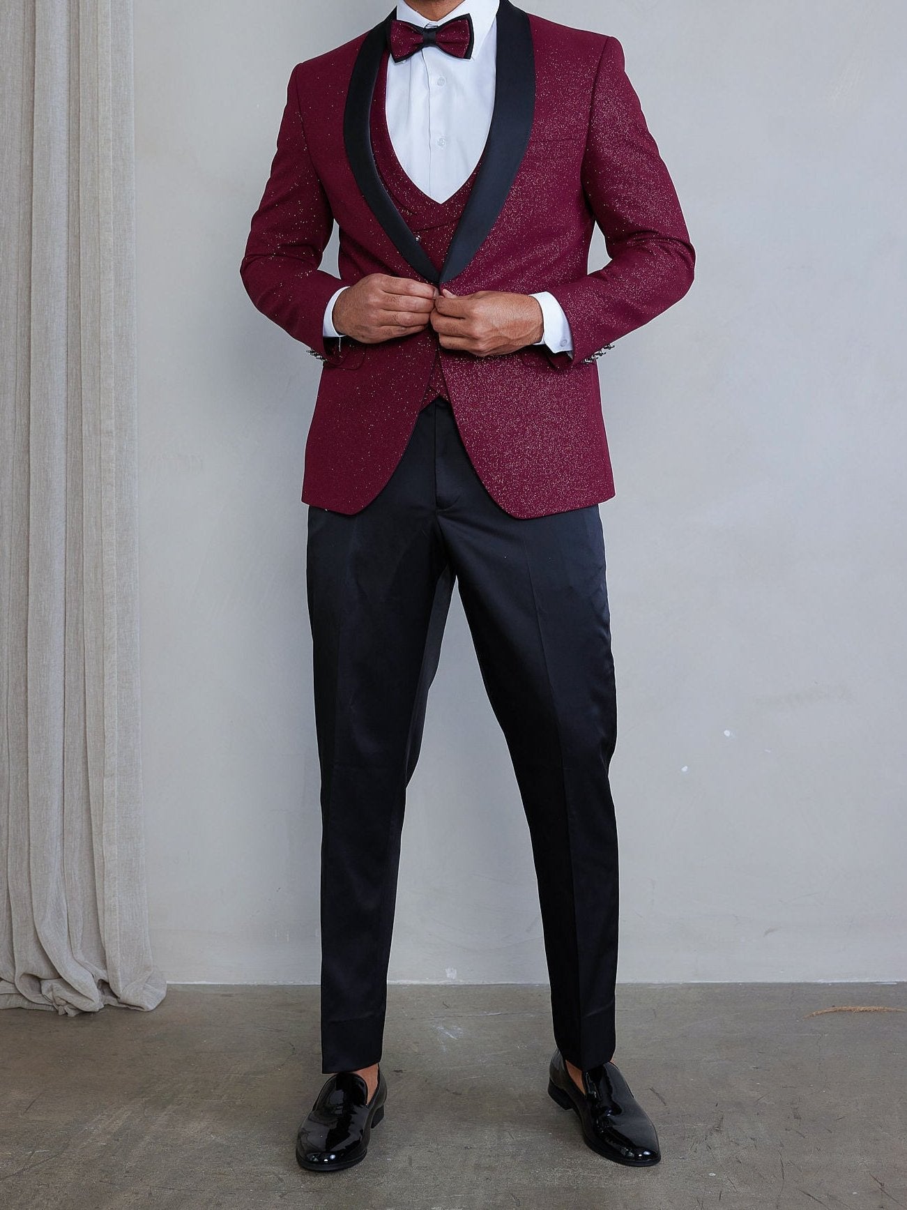 Men's 5-Pieces Burgundy Glitter Bomb Tuxedo Set