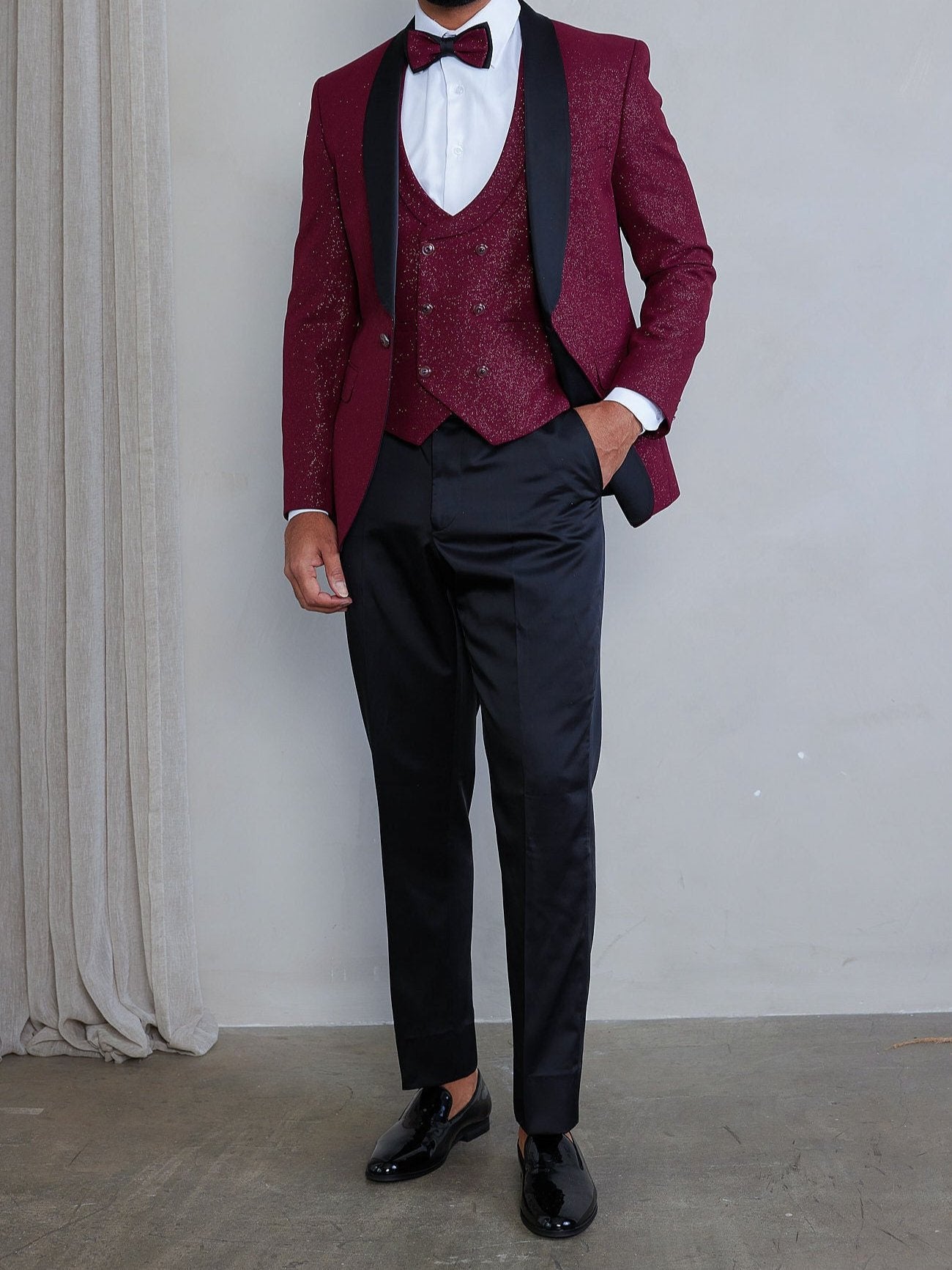 Men's 5-Pieces Burgundy Glitter Bomb Tuxedo Set