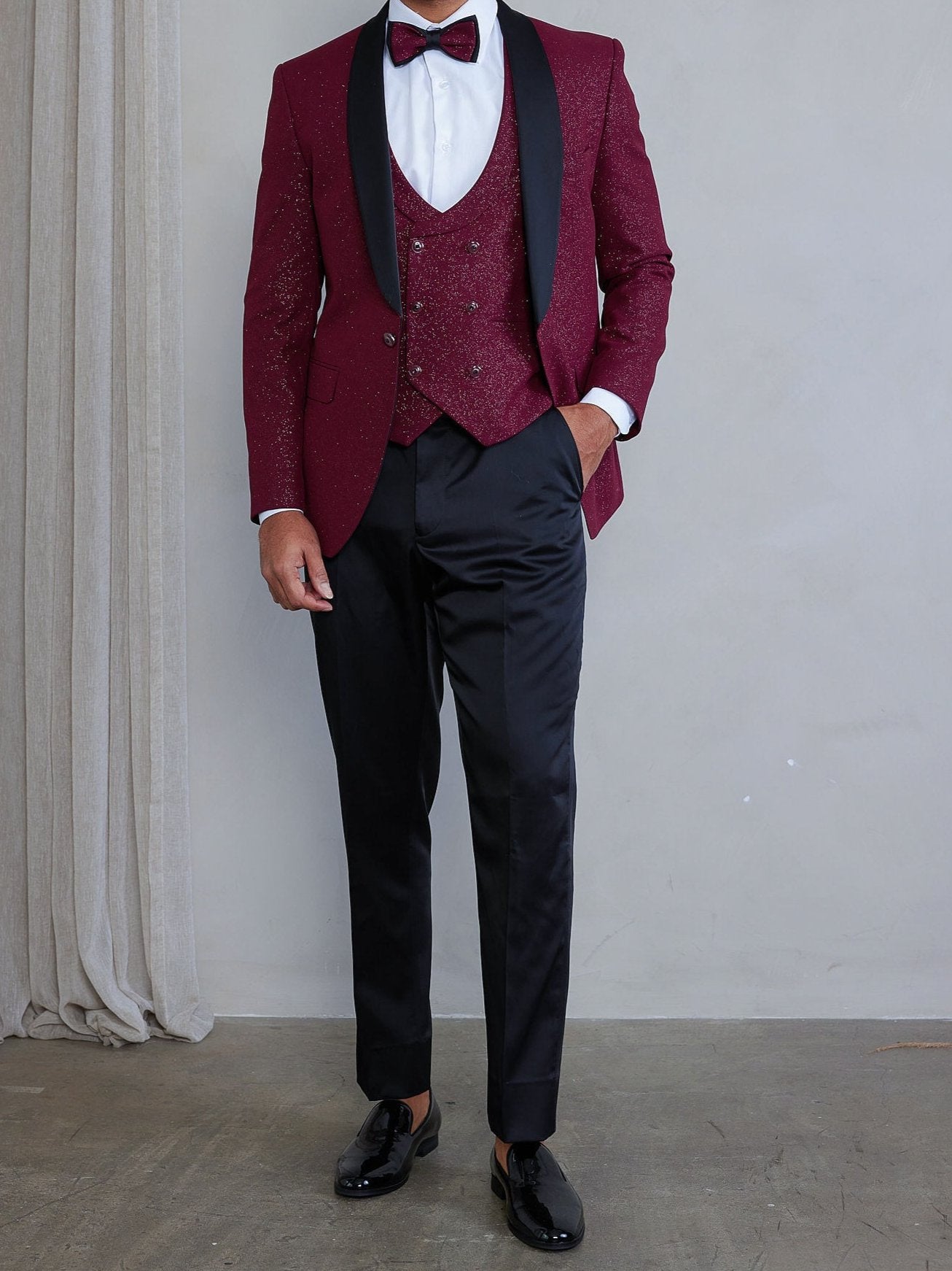 Men's 5-Pieces Burgundy Glitter Bomb Tuxedo Set