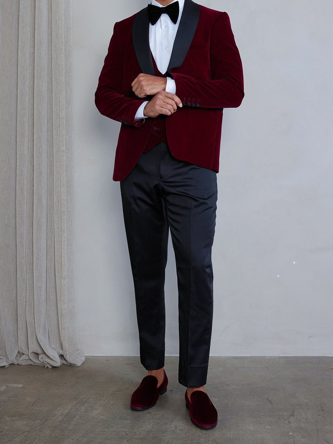 Men's 5-Pieces Burgundy Velvet Shawl Tuxedo Set