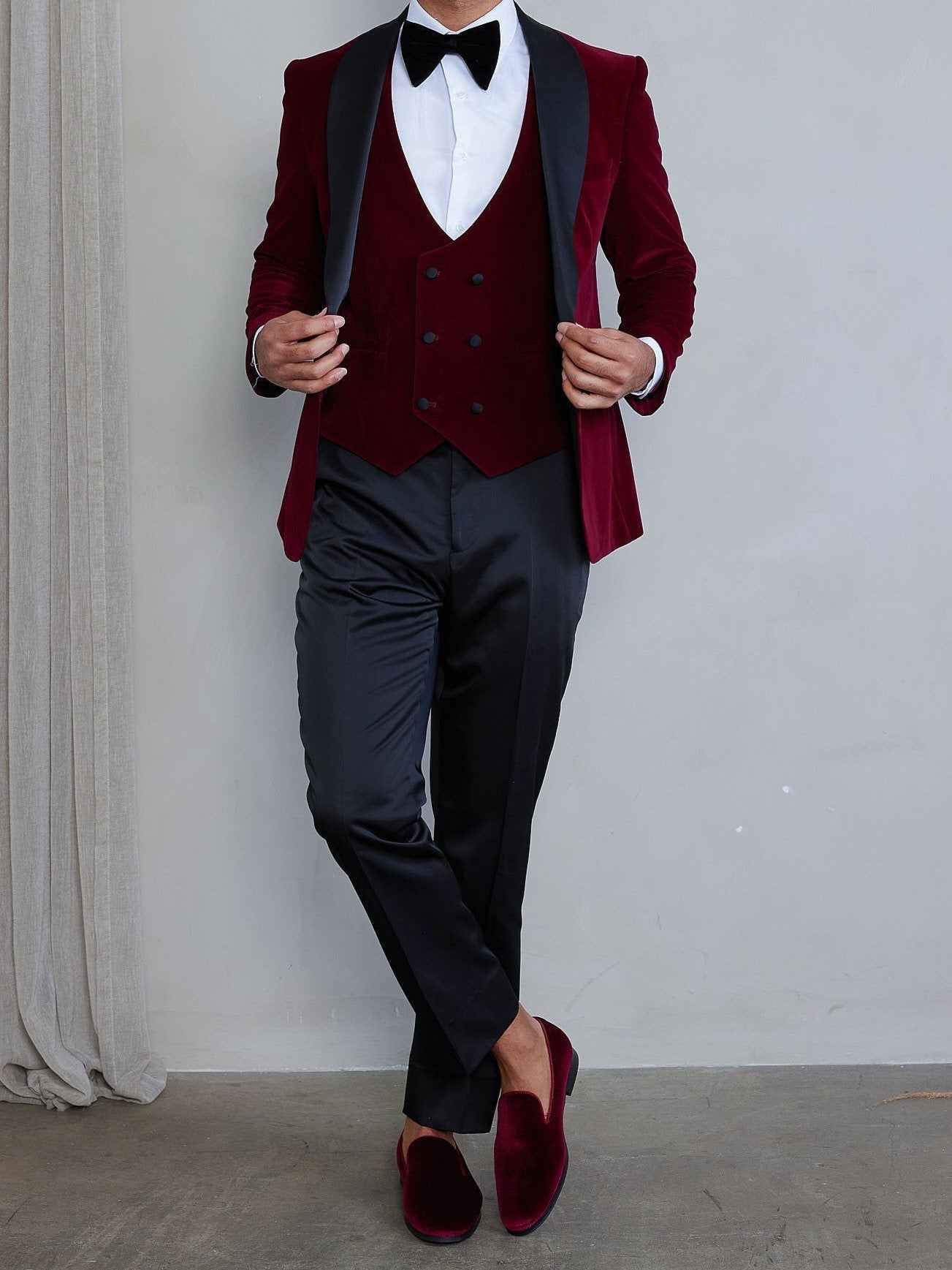 Men's 5-Pieces Burgundy Velvet Shawl Tuxedo Set