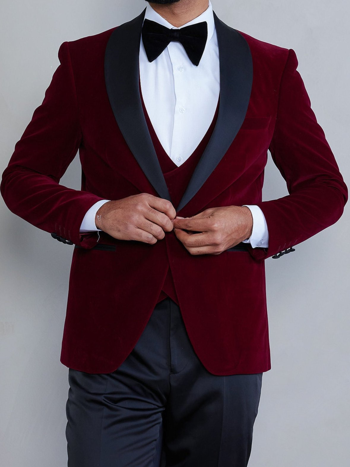 Men's 5-Pieces Burgundy Velvet Shawl Tuxedo Set