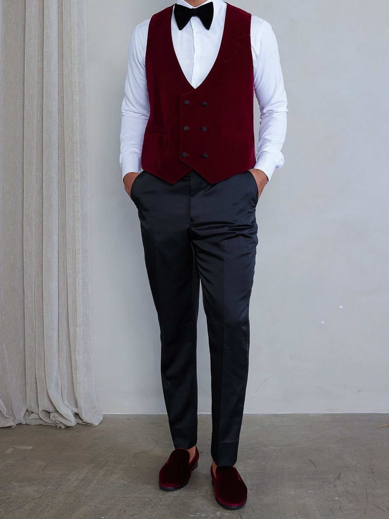 Men's 5-Pieces Burgundy Velvet Shawl Tuxedo Set