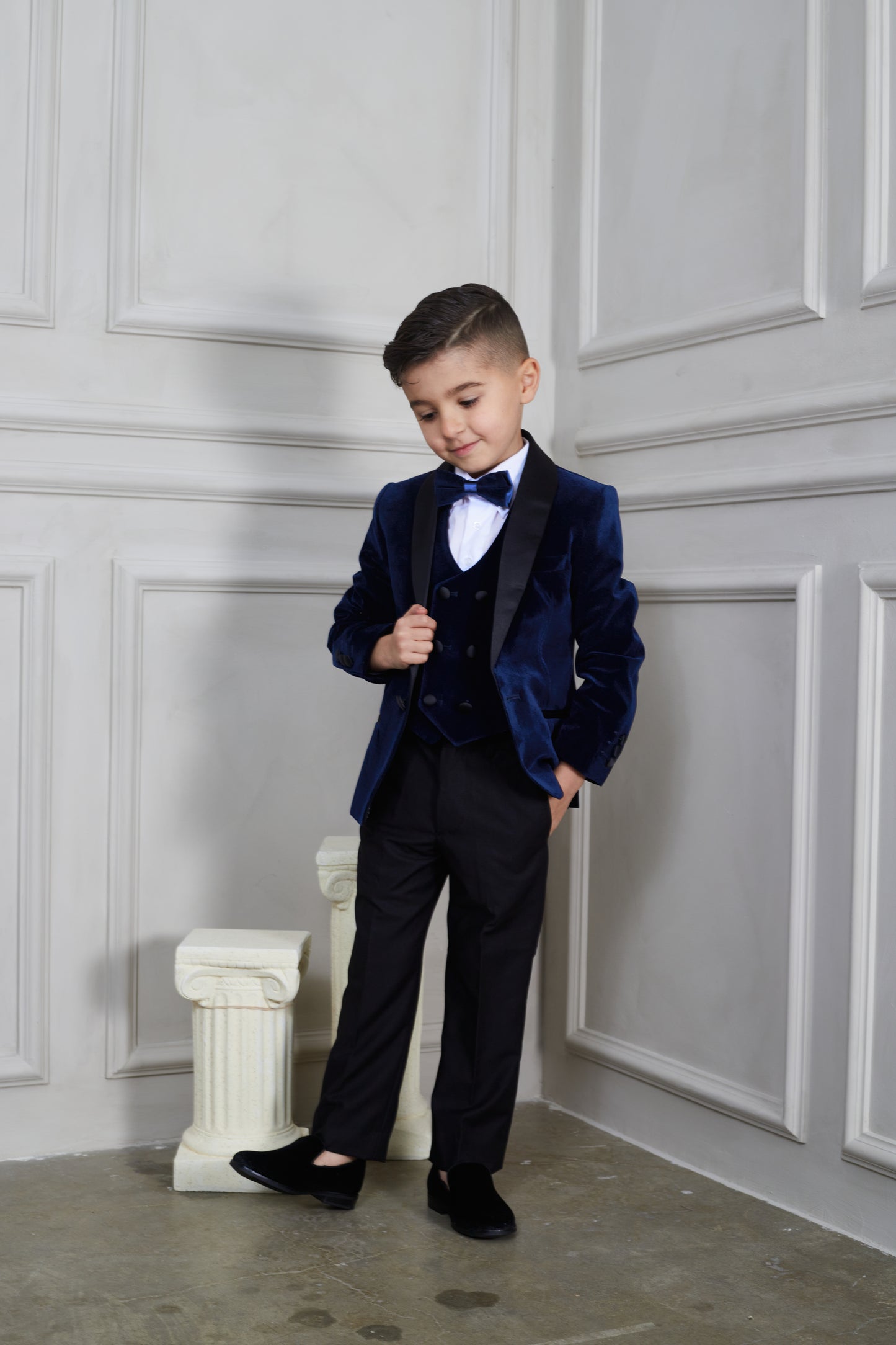 Boy's 5-Pieces Navy Velvet Tuxedo Set