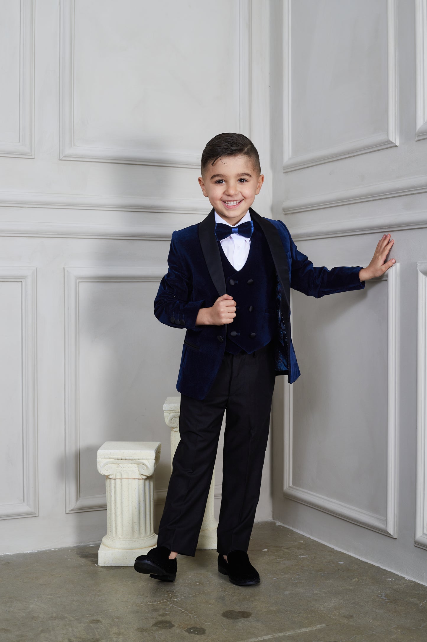 Boy's 5-Pieces Navy Velvet Tuxedo Set