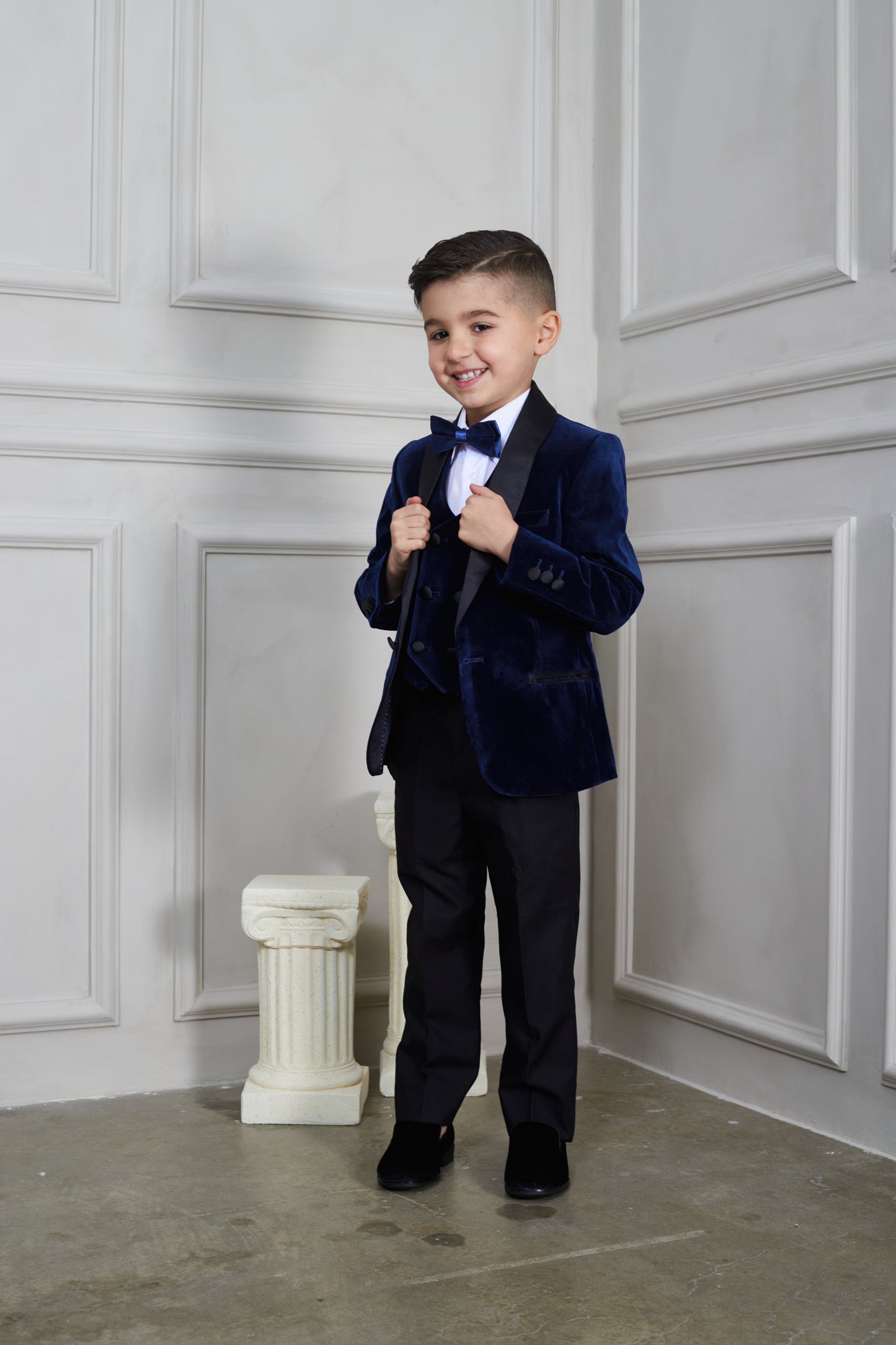 Boy's 5-Pieces Navy Velvet Tuxedo Set