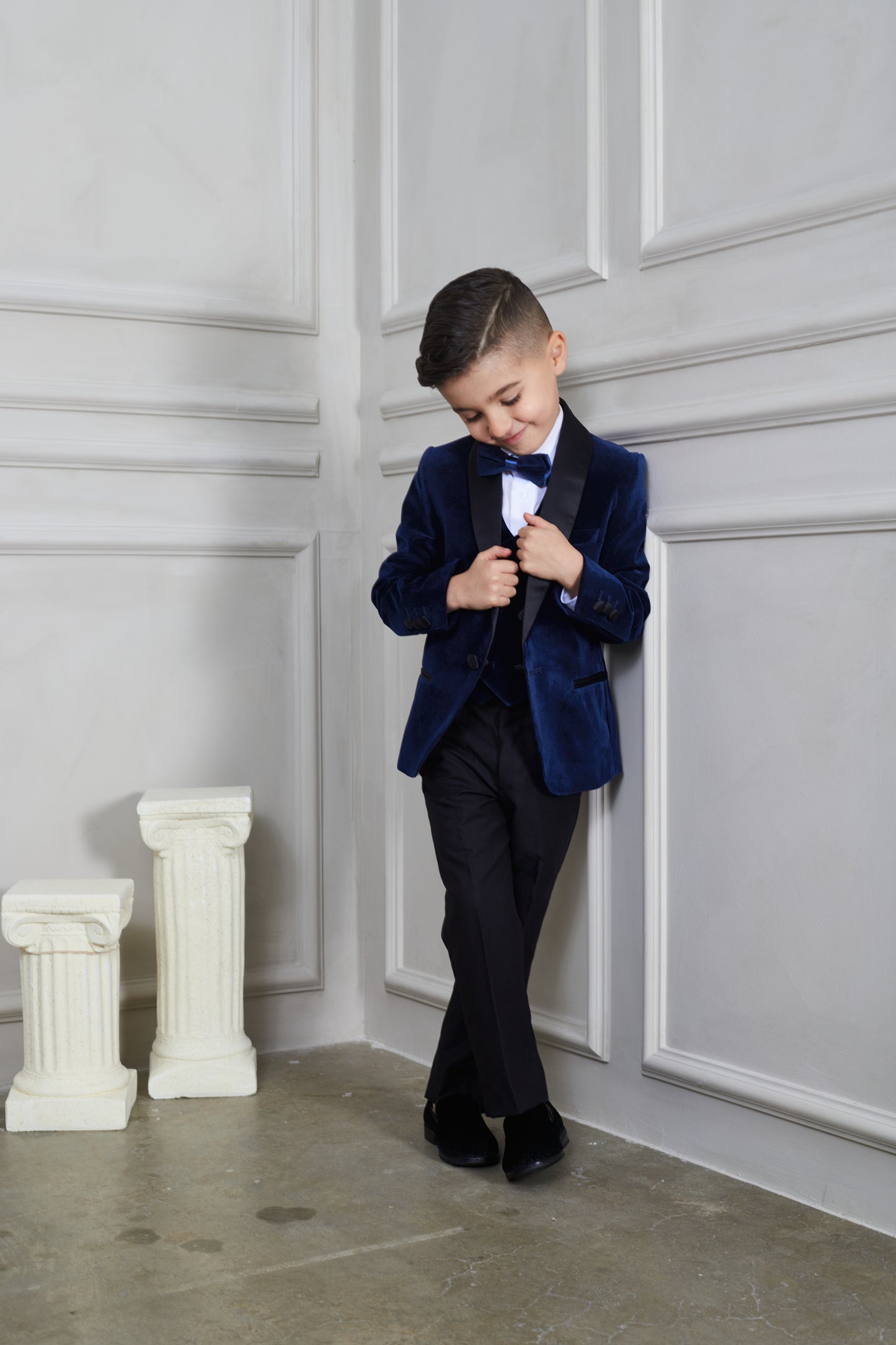 Boy's 5-Pieces Navy Velvet Tuxedo Set