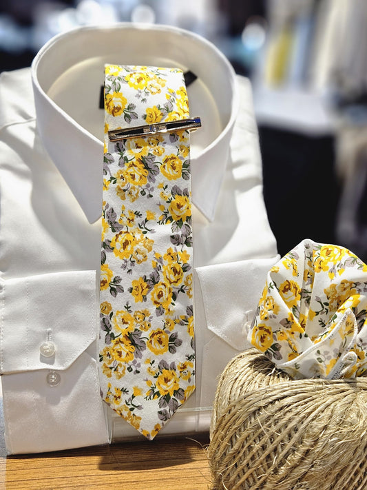 Men's Necktie Set Floral Yellow